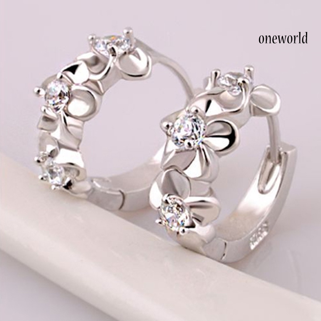 OW@ Women Shiny Rhinestone Flower Silver Plated Hoop Earrings Ear Clips for Party