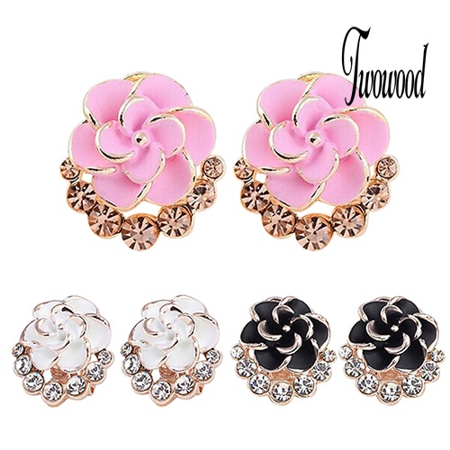 Anting Stud Desain Bunga Peony Camellia Bahan Alloy Aksen Berlian Imitasi Untuk Wanita