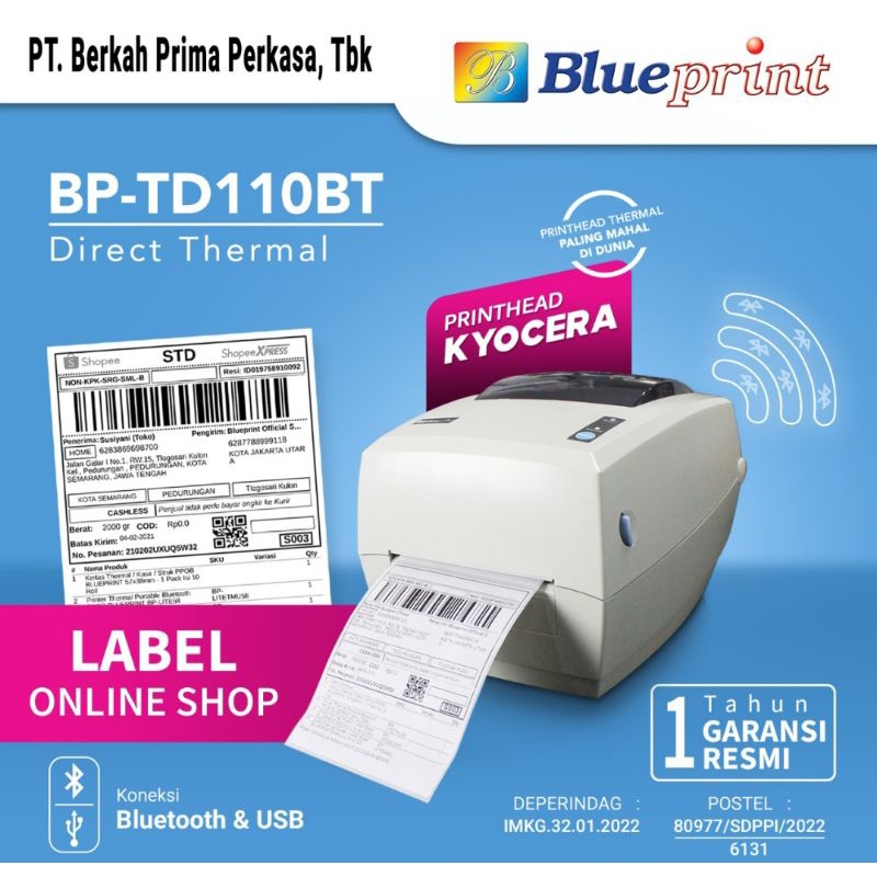 Barcode Printer Thermal Label Resi Pengiriman A6 Blueprint TD110BT ( bluetooth + usb )