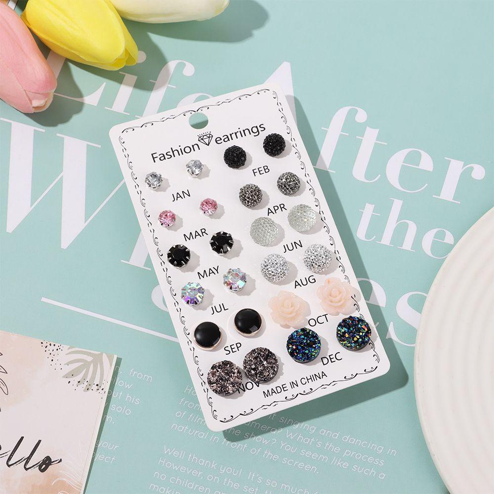 R-flower Stud Earring Berlian Imitasi Fashion Hadiah 12pasang