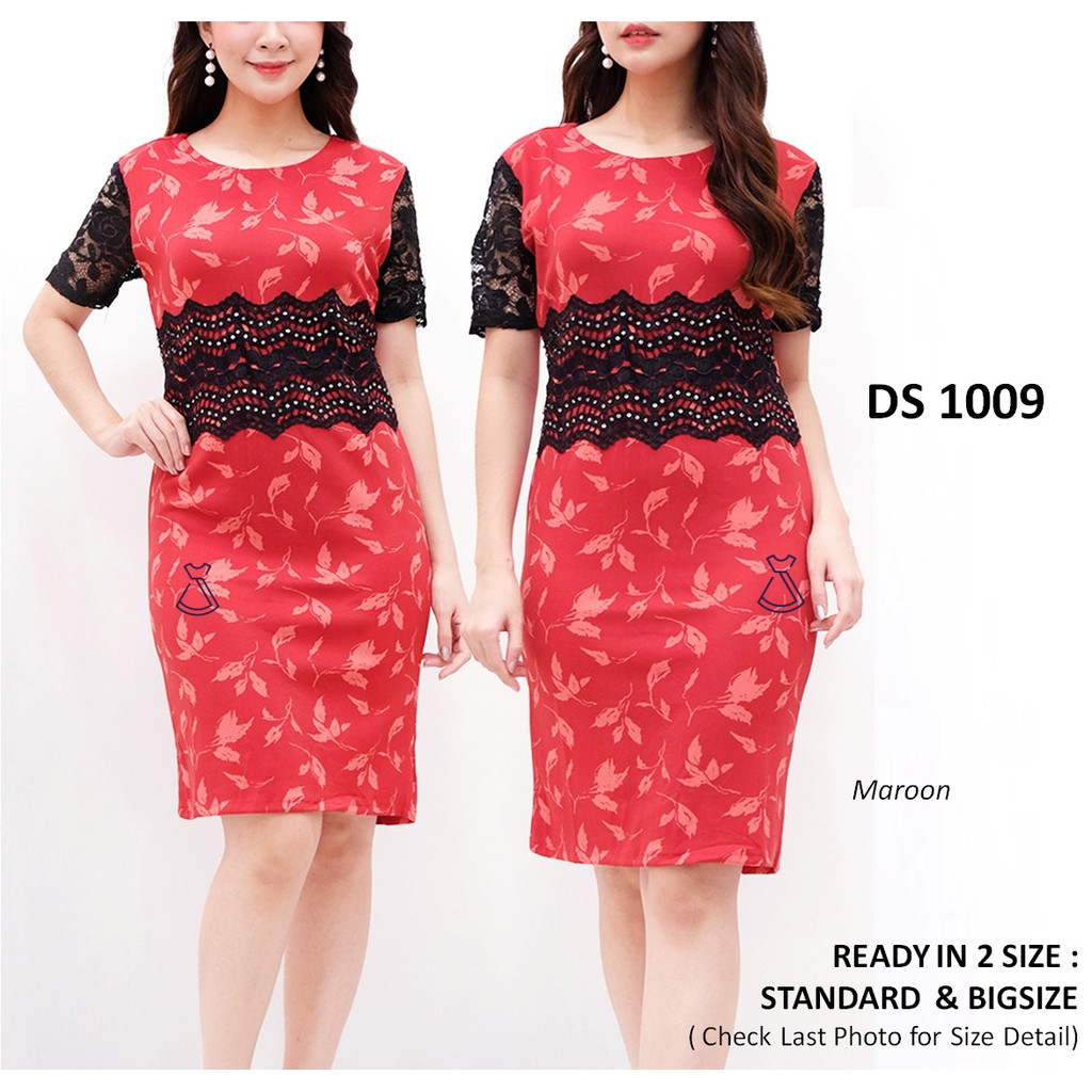 DS1009 - DRESS MIDI SEPAN SCUBA BUNGA BRUKAT LACE PESTA WANITA JUMBO XL GROSIR