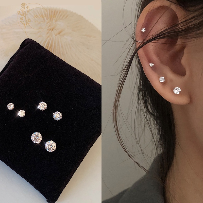 Roselife 1 Pasang Anting Tusuk Sterling Silver 925 Hias Kristal Zircon Kubik Bulat Untuk Wanita