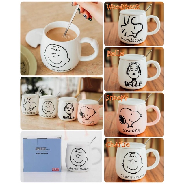 GELAS MUG KERAMIK SNOOPY + TUTUP + SENDOK