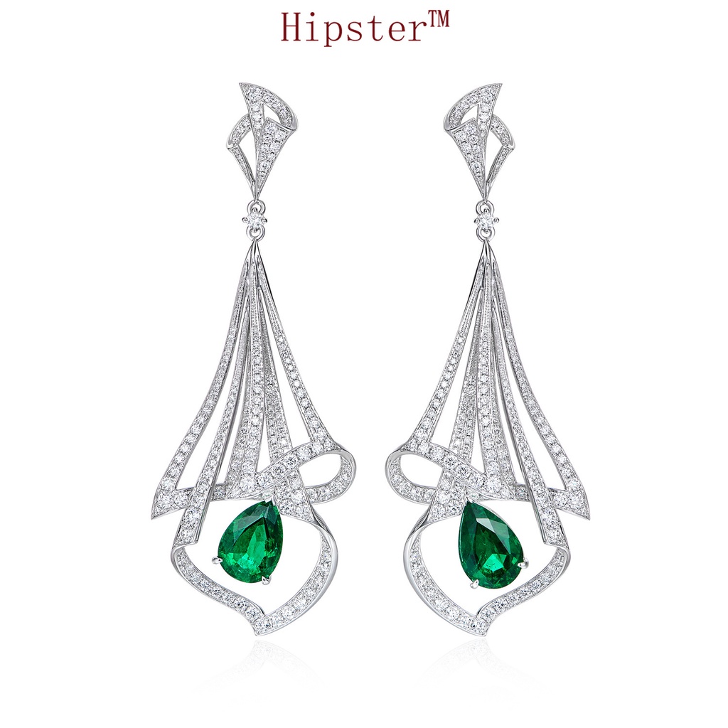 New Luxury Full Diamond Natural Emerald Colored Gems Stud Earrings