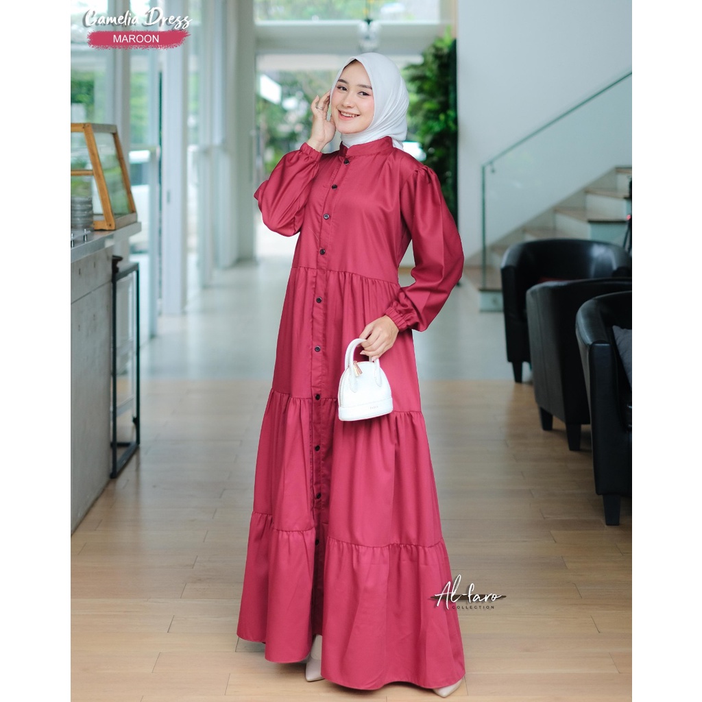 Gamis Toyobo kancing camelia ori alfaro katun jepang adem rempel Ruffle serut kerut saku busana muslim