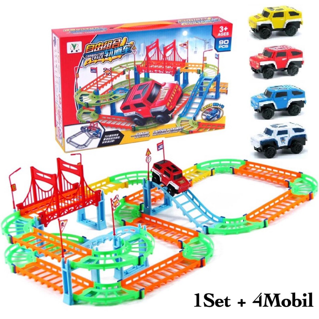 [ Funny ] 90Pcs Mainan Anak Edukasi Track Mobil / Mainan Jalur Kereta Api Bisa Bongkar Pasang-Warna 1set + 4mobil