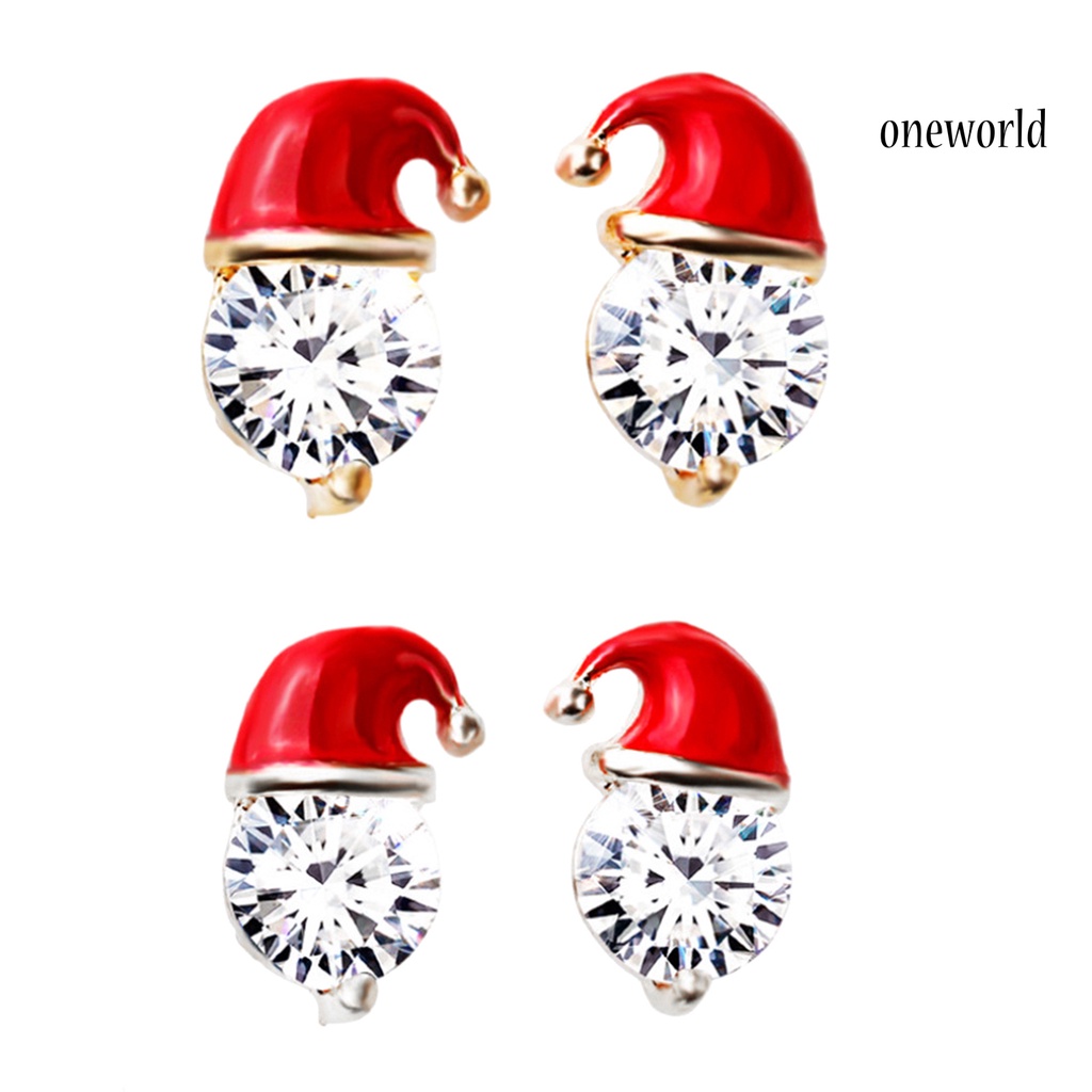 OW@ Earrings Christmas Hat Design Exquisite Alloy Rhinestones Inlaid Ear Studs for Women