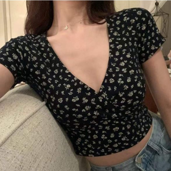 RSB BJ091 Baju Wanita Motif Bunga Crop Top Atasan Korean Sexy Lengan Pendek