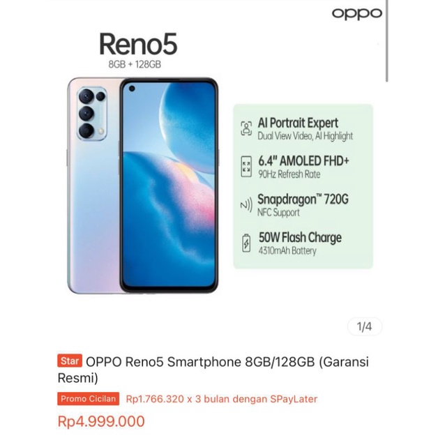 Promo handphone OPPO RENO 5 5G 8/128gb