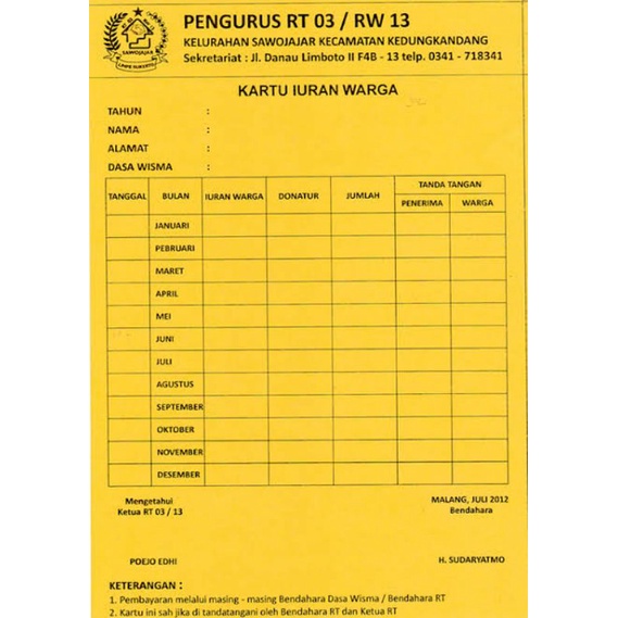

KARTU IURAN BULANAN RT/RW/PAM/ORGANISASI CUSTOM BULANAN