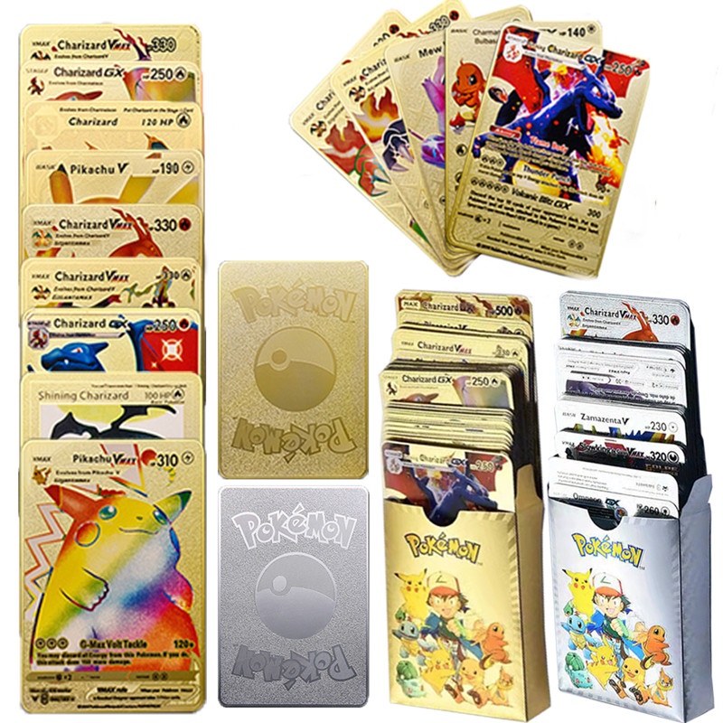 54pcs / 27Pcs Kartu Pokemon Versi Bahasa Inggris Bahan Metal Warna Emas / Silver Untuk Koleksi