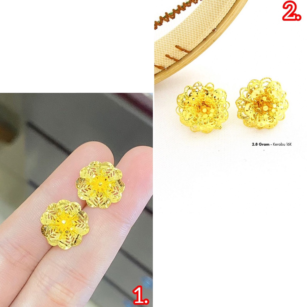 Anting duduk anak dan dewasa emas asli kadar 700 70% 16k model bunga like kendari 2 3 gram gr g giwang kerabu duduk paku tusuk desain 3D