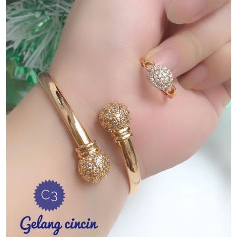 (SEP) Set Perhiasan Xuping Asli Lapis Emas Gelang Cincin Pentol Bulat Permata Titanium Realpic Laris
