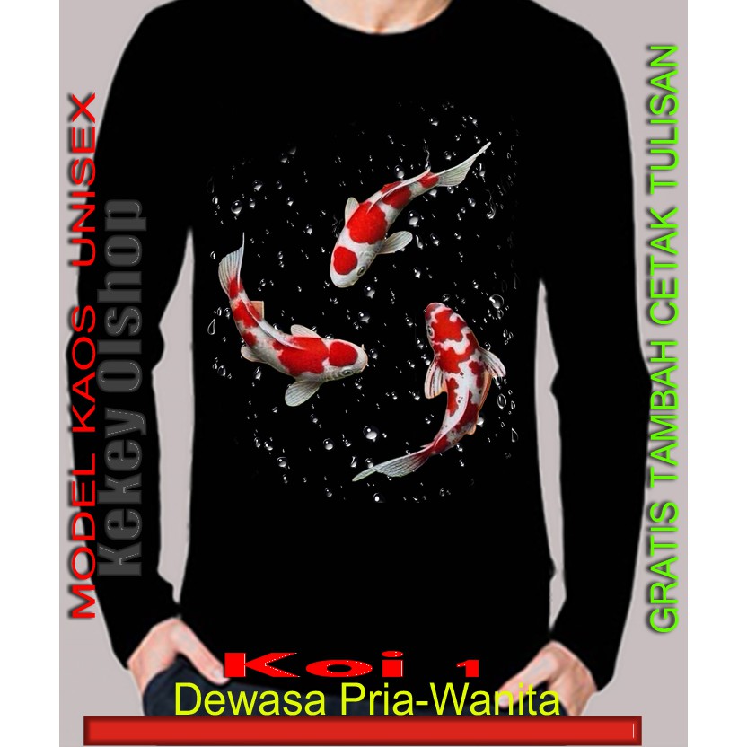 Kaos Ikan Koi lengan panjang model unisex ukuran dewasa pria dan wanita - gratis cetak tulisan
