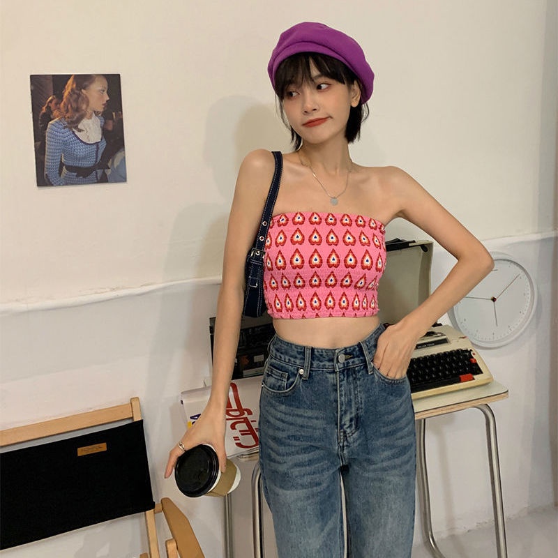 Tube top wanita musim panas seksi off-the-shoulder pink love short tube top bisa dipakai di luar raj