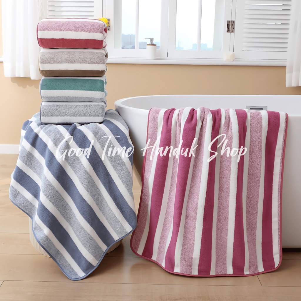 Handuk Anak (Uk. 50x100cm) / Handuk Dewasa (Uk. 70x140cm) Motif Salur Besar Kecil Microfiber Handuk Mandi Lembut Towel Serap Air