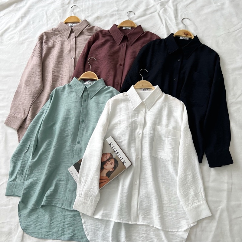 KEMEJA CROP WANITA | KEMEJA LENGAN PANJANG OVERSIZE | LOWI ATASAN WANITA | DAVI LINEN SHIRT CROP LINEN POCKET | KEMEJA CRINKLE