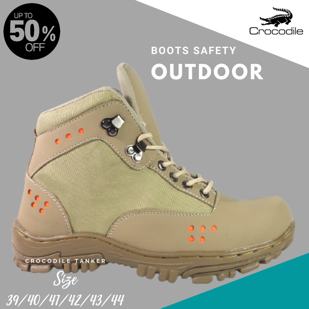 COD- Sepatu Gunung Adventure Savety Boots Hiking Touring Motor Outdoor Pria Crocodile Tanker Cream