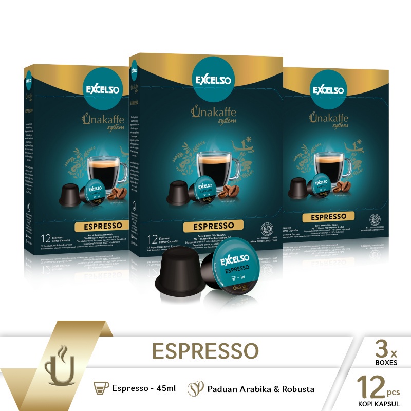 

MURAH - Unakaffe System Coffee Capsule - Kopi Kapsul Excelso Unakaffe Espresso Pack Of 3 Folding Box - Per Box isi 12 Pod @ 6 gram