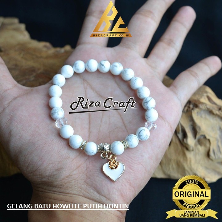 Gelang Pria Wanita Batu Akik Howlite Putih Asli Liontin Love Hati
