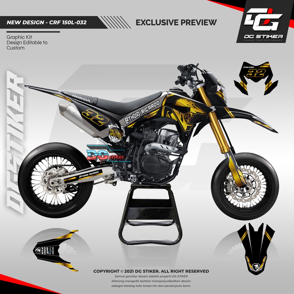 Decal Stiker CRF 150L, Decal CRF 150L, Striping CRF Hitam Gold skull, crf supermoto