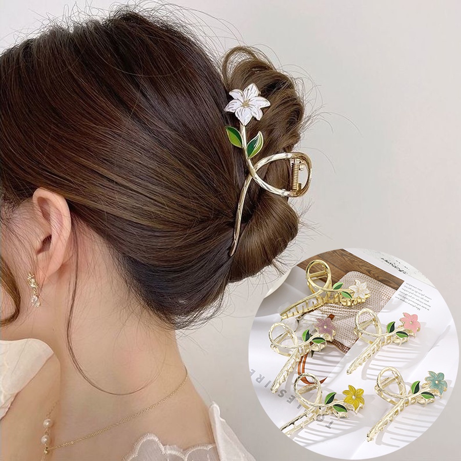 Korea Alloy Emas Bunga Mutiara Rambut Klip Besar Ponytail Clip Woman Fashion Hair Claw Aksesoris Rambut