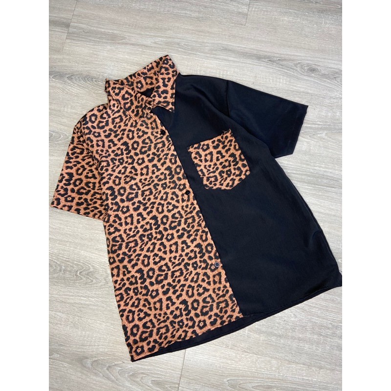 kemeja casual wanita lengan pendek motif leopard abu K 85460