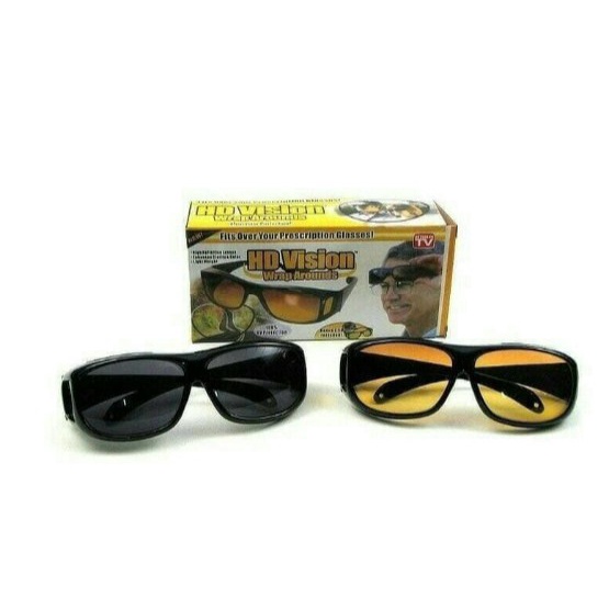 [1 Set 2 Biji] Kaca Mata HD Vision Anti Silau Kacamata Malam dan Siang Wrap Around Night View Glasses