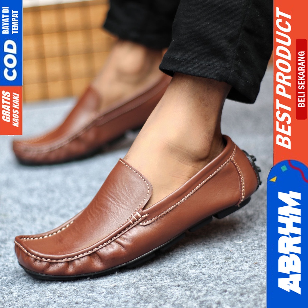 Sepatu Casual Pria Slip On Slop Selop Pansus Santai Kulit Asli Kerja Kantor Kulit Kondangan Hitam Polos Fashion shoes Terbaru Original Murah Kekinian Cowok GENIO ABRHM