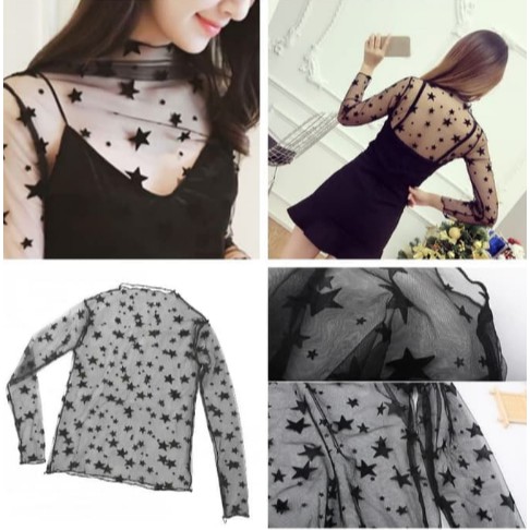 Outer Lengan Panjang Bahan Tile Lace Lembut Blouse Atasan Motif Bintang Transparan