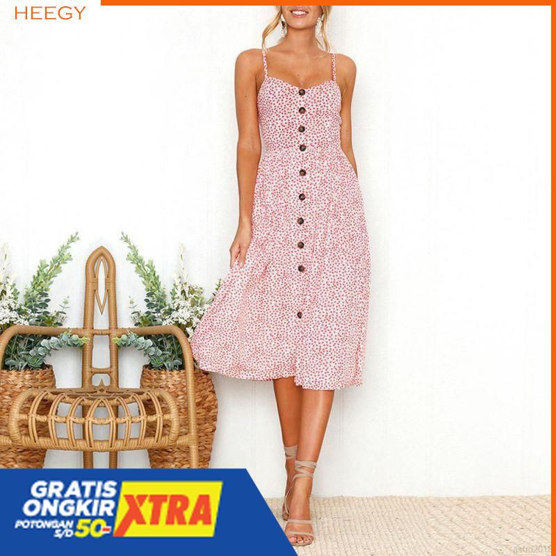 Dress Casual Panjang Tanpa Lengan Tali Spaghetti Motif Bunga Gaya Wanita Korea
