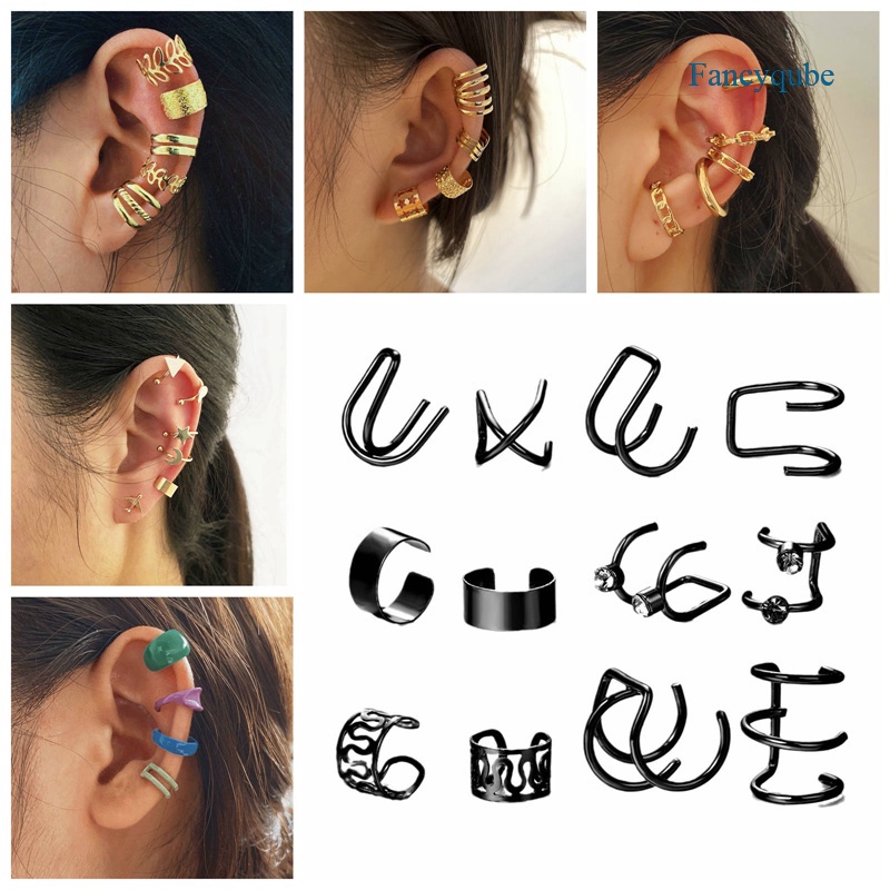 Fancyqube Anting Klip Tanpa Tindik Desain Daun Warna Hitam Emas Untuk Pria Dan Wanita