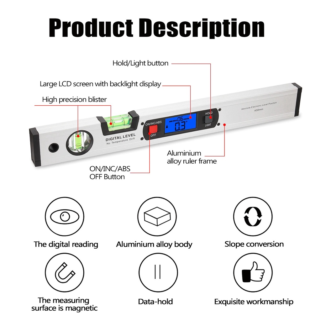 Water Pass Waterpass Inclinometer Level Protactor Digital Tester Ruler 400mm