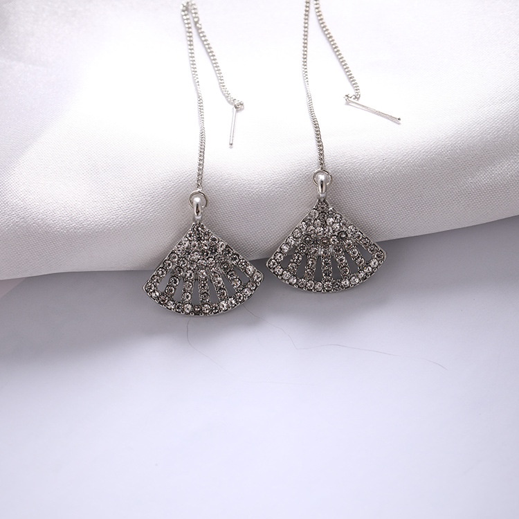 Sterling silver jarum Korea halus panjang anting-anting berbentuk kipas wanita rumbai anting-anting