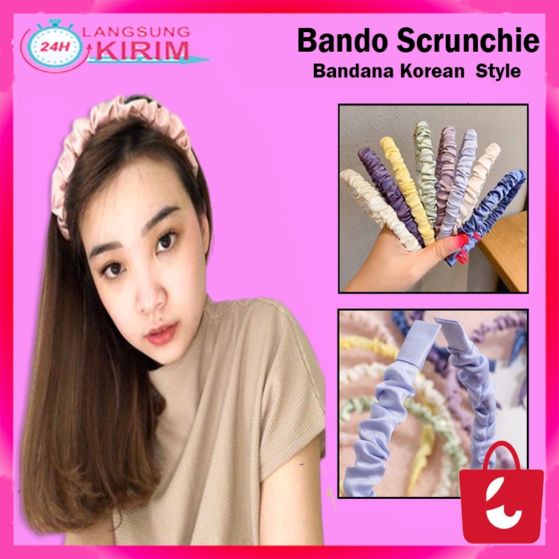 [BISA COD] Bando Scrunchie Korea  Headband Satin Kerut  Bandana Rambut Kain Polos  Bando Wanita Aksesoris Rambut Pita Korean Fashion Style