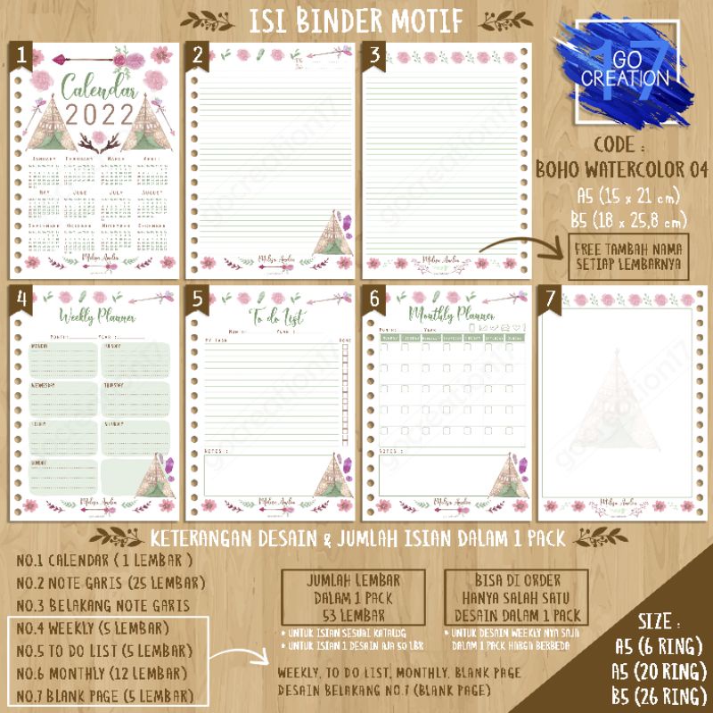 

Buku Planner isi Kertas Binder Motif Boho Watercolor 04 Premium A5 ring 20 dan A5 ring 6