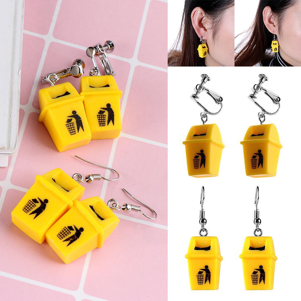 R-flower 1pasang Tempat Sampah Anting Fashion Handmade Klip Telinga Kreatif Ear Stud Lucu Menjuntai