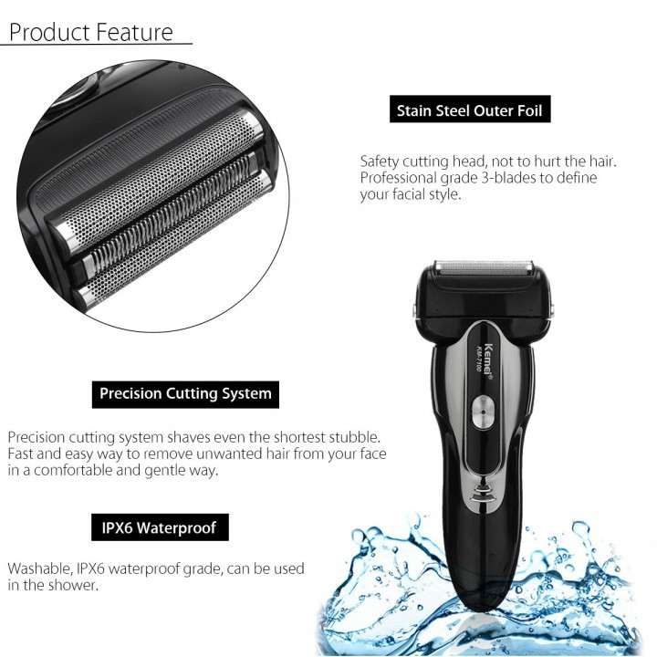 KEMEI KM-7100 IPX6 Waterproof Floating 3 Heads Electric Shaver Razor Trimmer Mustache Clipper