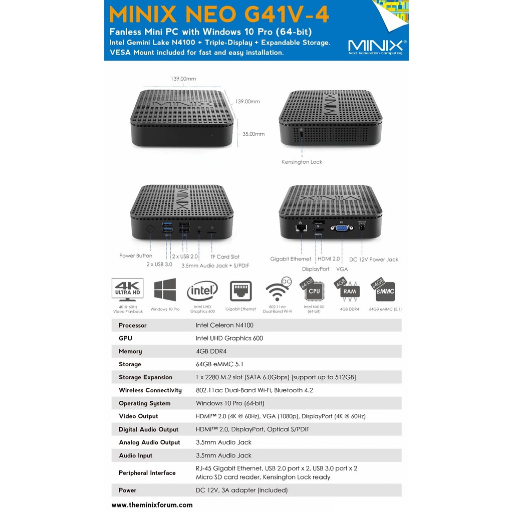 MINIX G41V Mini PC - Intel Celeron N4100 RAM 4GB ROM 64GB - Windows 10 - Mini PC FANLESS 4GB/64GB