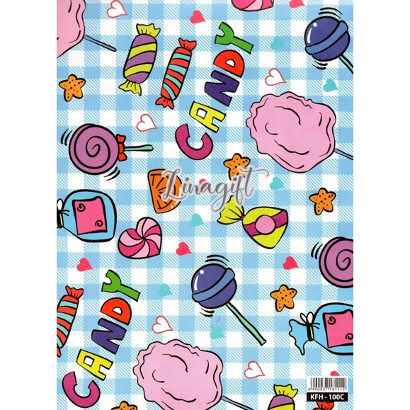 ( 5 Lembar ) KERTAS KADO SQ DOFF - GIFT WRAPPING CANDY LOLIPOP PERMEN DONUT MACAROON DESSERT COTTON CANDY