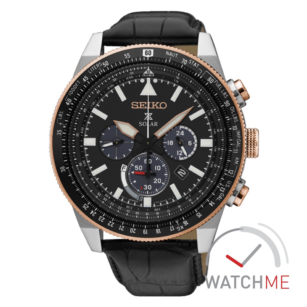 Seiko Prospex SSC611P1 Solar Chronograph Flight Black Dial 100m Leather Strap Original Bergaransi
