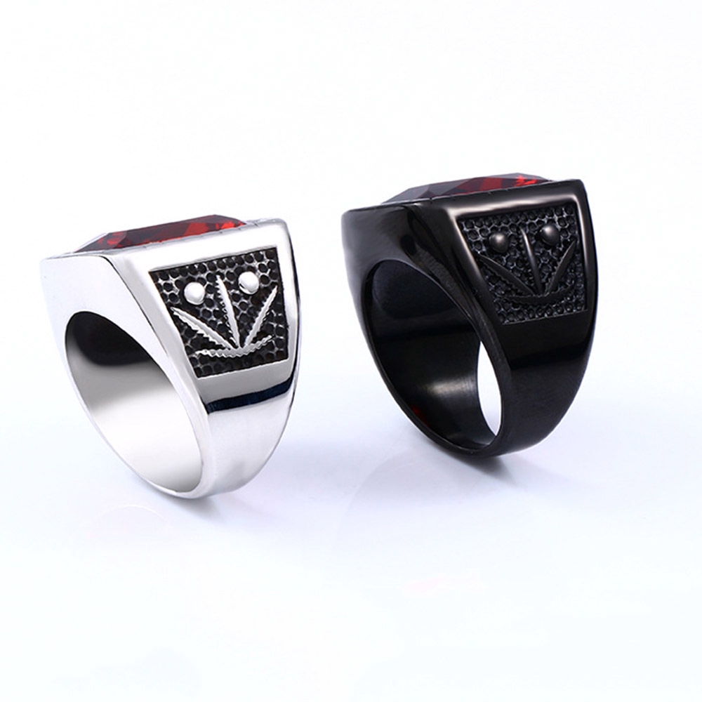Pria Rubi Baja Titanium Merah hitam Kristal Batu permata Perhiasan Fashion Daun maple Cincin Rings