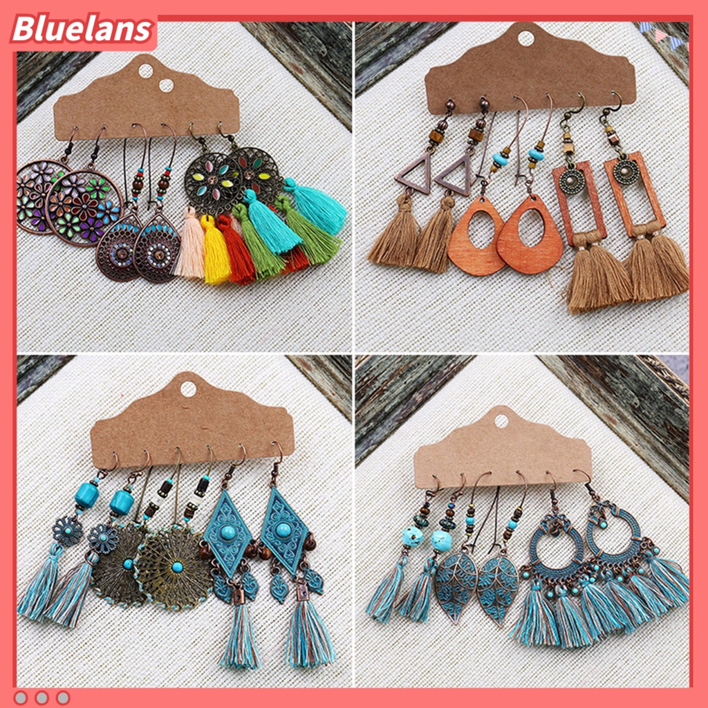 Bluelans 3 Pasang Anting Kait Gantung Wanita Desain Geometri Hias Rumbai Bahan Alloy Gaya Bohemian