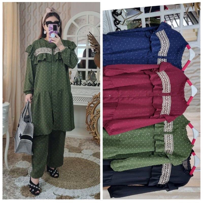 [READY STOCK] Setelan Celana Long Tunik Crinkle Ruby Love by Meijiwang / Setcel Rubi Love Tunik Umpa