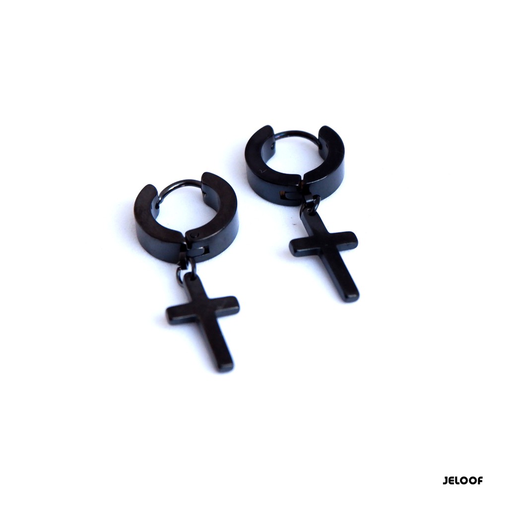 Jeloof Anting Salib Classic BLACK | TINDIK | Stainless Steel Antikarat | Classic Earring Anting Black Anting Hitam