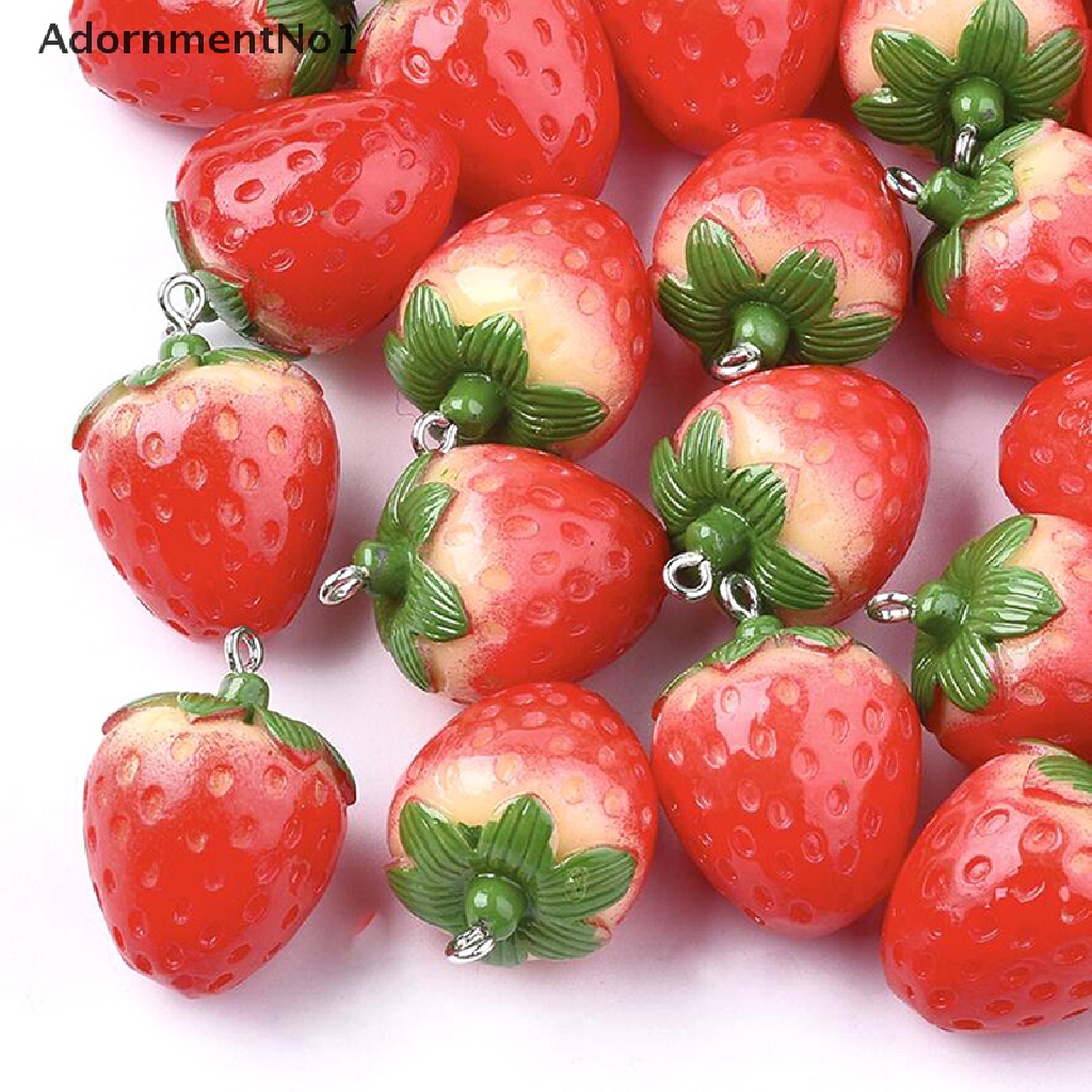 (AdornmentNo1) 10pcs Liontin Bentuk Buah Strawberry 3D Bahan Resin Untuk Kerajinan Tangan DIY