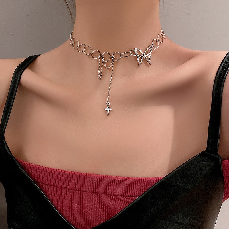 Kalung Choker Rantai Klavikula Desain Kupu-Kupu Gaya Punk Gothic Hip Hop Untuk Perhiasan Wanita