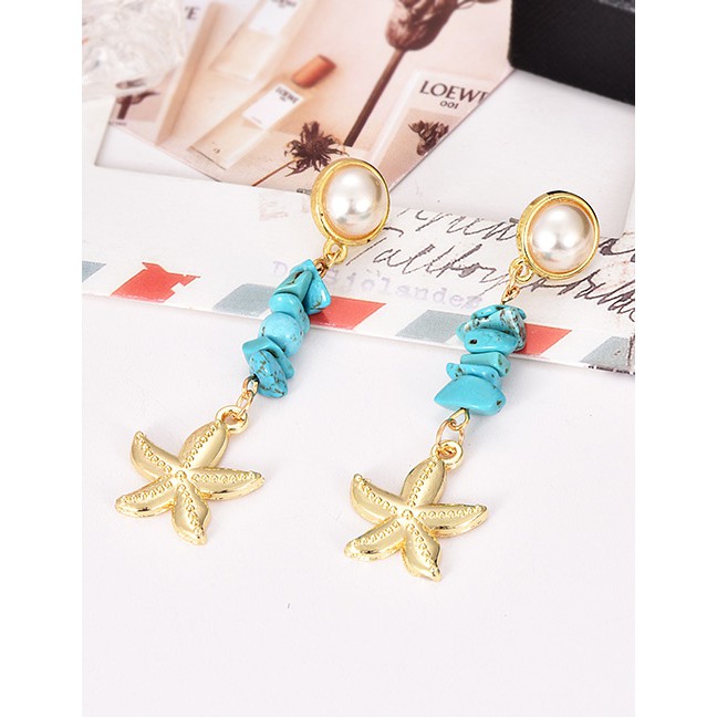 LRC Anting Tusuk Fashion Gold Alloy Turquoise Starfish Earrings F40558