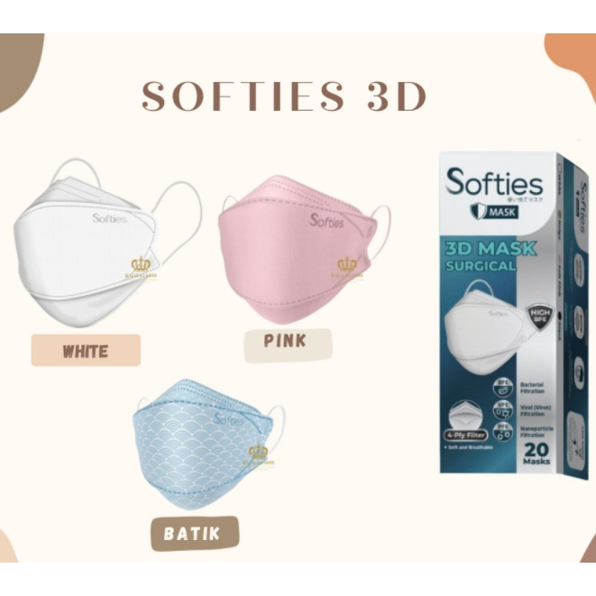 SOFTIES 3D MASK SURGICAL 4PLY EARLOOP ISI 20PC / MASKER MEDIS KF94 / MASKER SURGICAL SOFTIES