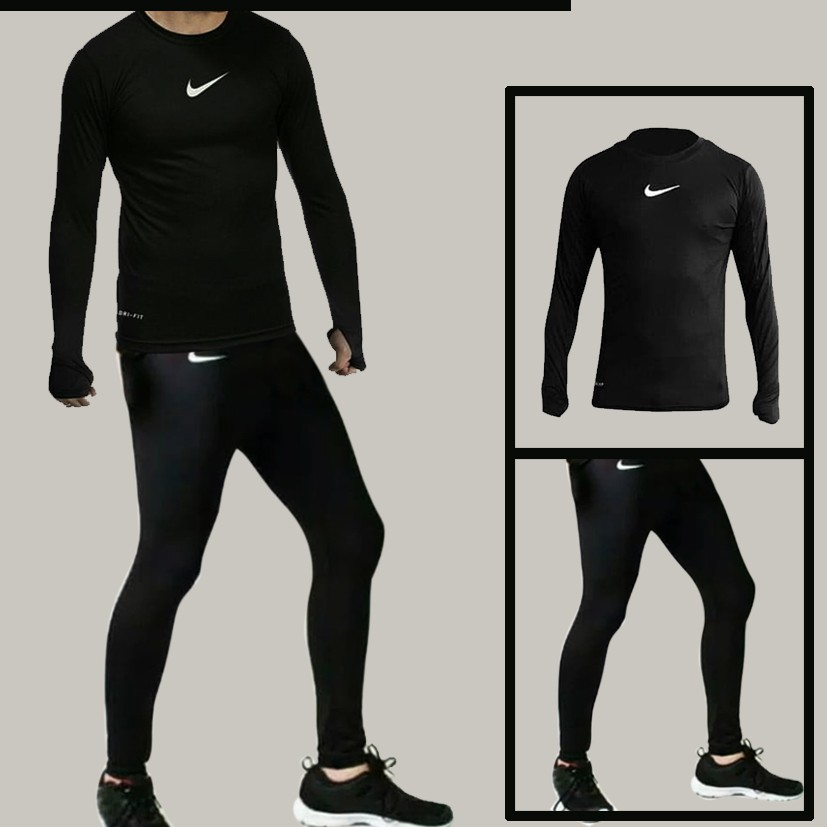 Paket Murah Setel Sepasang Baselayer Manset Leging Baju &amp; Celana Panjang Nike Stretch